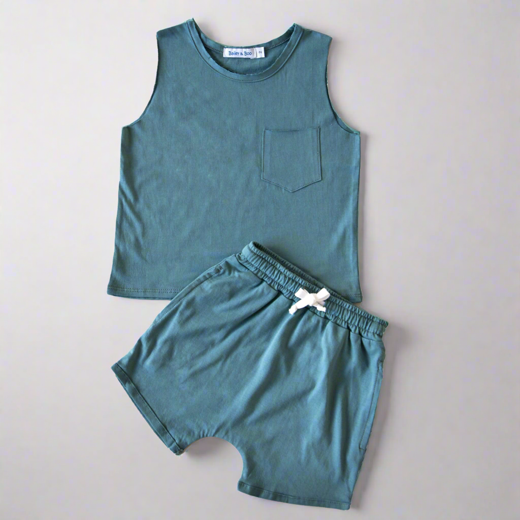 Boys summer cotton tank and drop crotch shorts set in colour Ocean. Ethically made in Australia