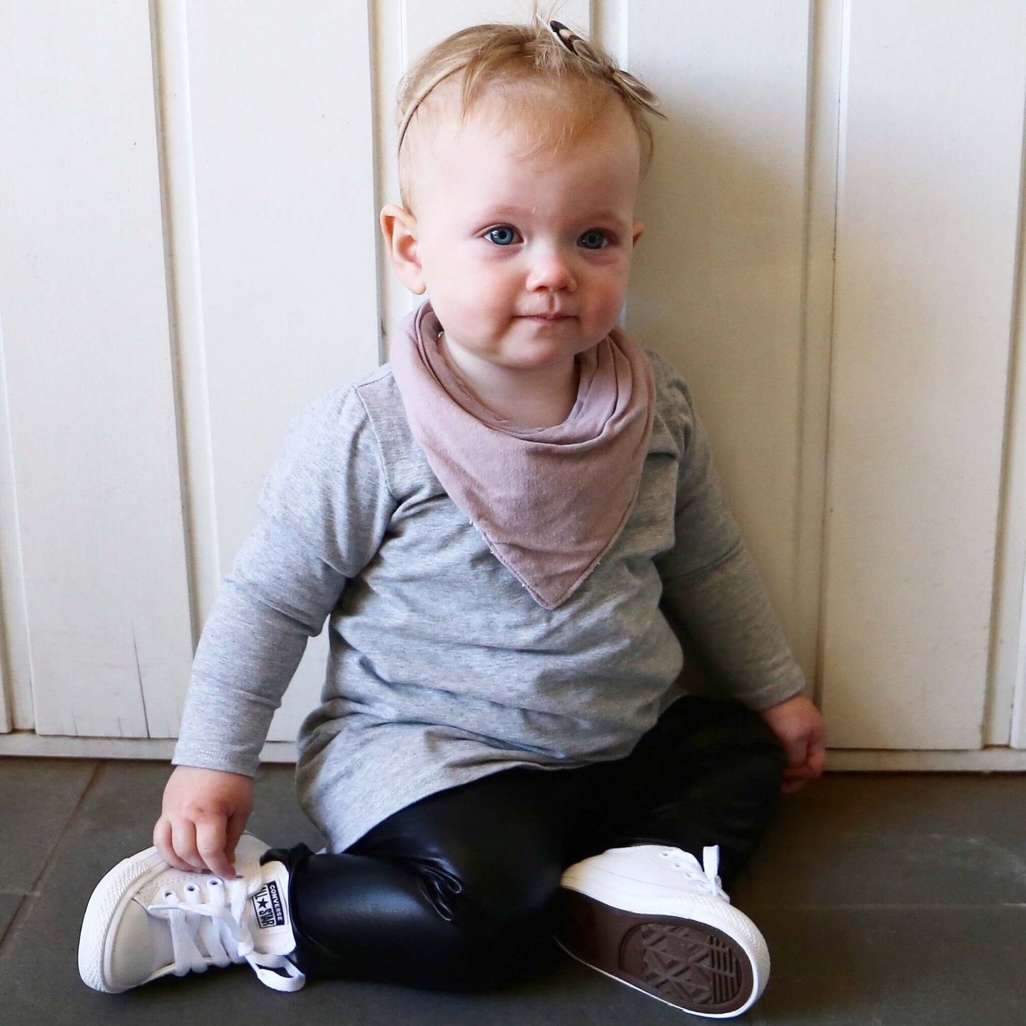 toddler girl wearing grey marle long sleeve dress. Ethically made in australia with stretch cotton jersey